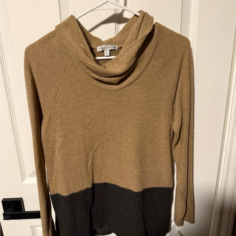 Moa Moa Two-Tone Cowl Neck Sweater in Tan and Black